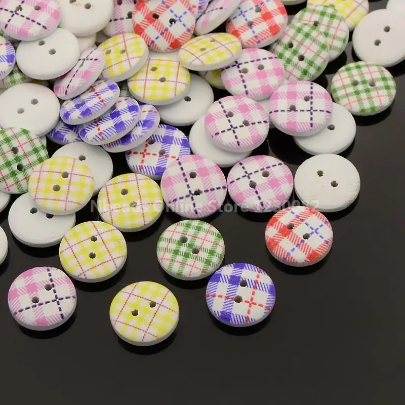 2 Hole Flat Round font b Tartan b font Pattern Printed Wooden Sewing Buttons Dyed Mixed