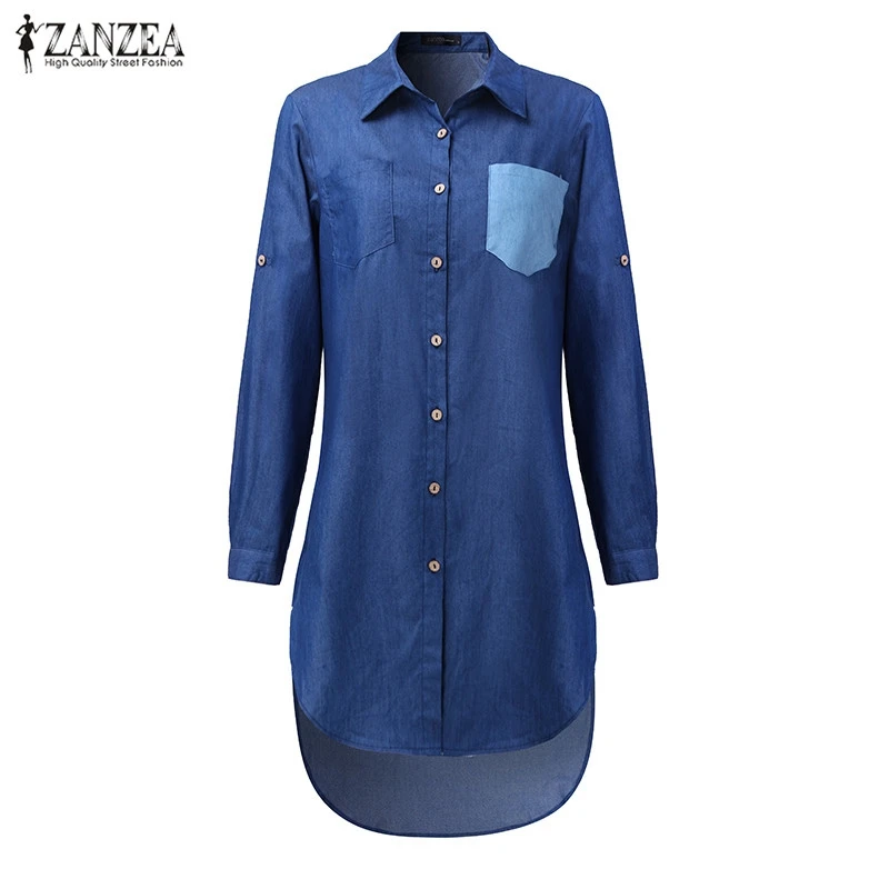 Oversized Dress 2019 Spring Autumn ZANZEA Women Denim Vintage Lapel Long Sleeve Irregular Hem Long Jeans Blouse Shirt Plus Size