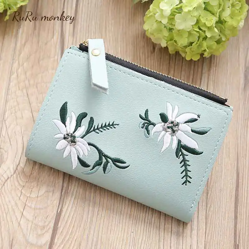 

Candy Color Women Wallet 2 Fold Purse Card Holder Purses Mini Short Student Wallet Female Embroidery Thin Zipper Wallet
