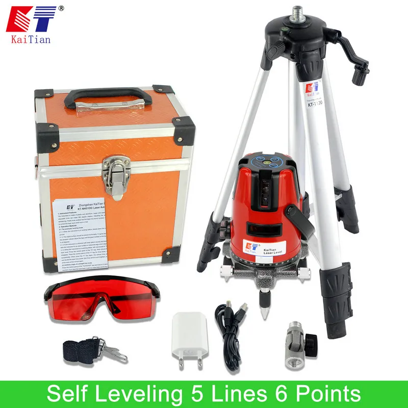 KaiTian Laser Level Tripod with 360 Rotary Self Leveling Outdoor Slash Function Euro Plug 635nM 5 Lines 6 Point Cross Line Level