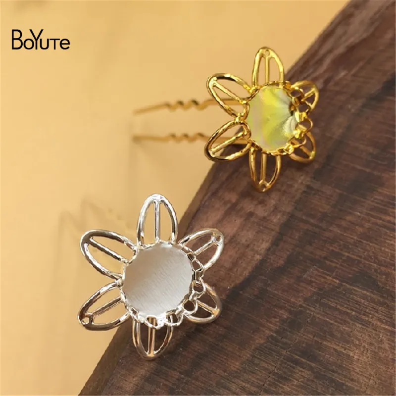 BoYuTe 10Pcs 10MM Cabochon Base Blank Tray Silver Gold 75MM Length U Shaped Hair Stick Kanzashi Hair Jewelry Accessories (6)