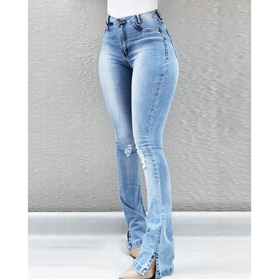 

2019 spring and summer new light blue high waist feet open micro-horn female jeans fashion hole wild slim jeans women's pants
