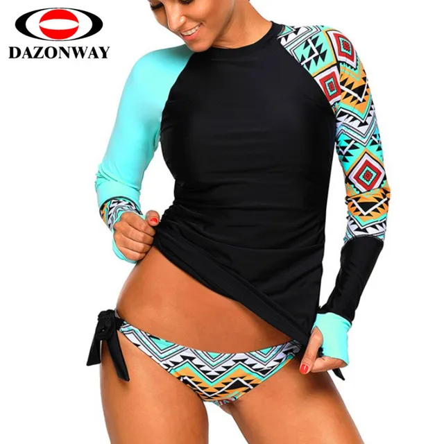US $22.49 Women rashguard Sunshade UV Protection Swimwear Patchwork Long Sleeve Two Piece Swimsuit Beach Surf