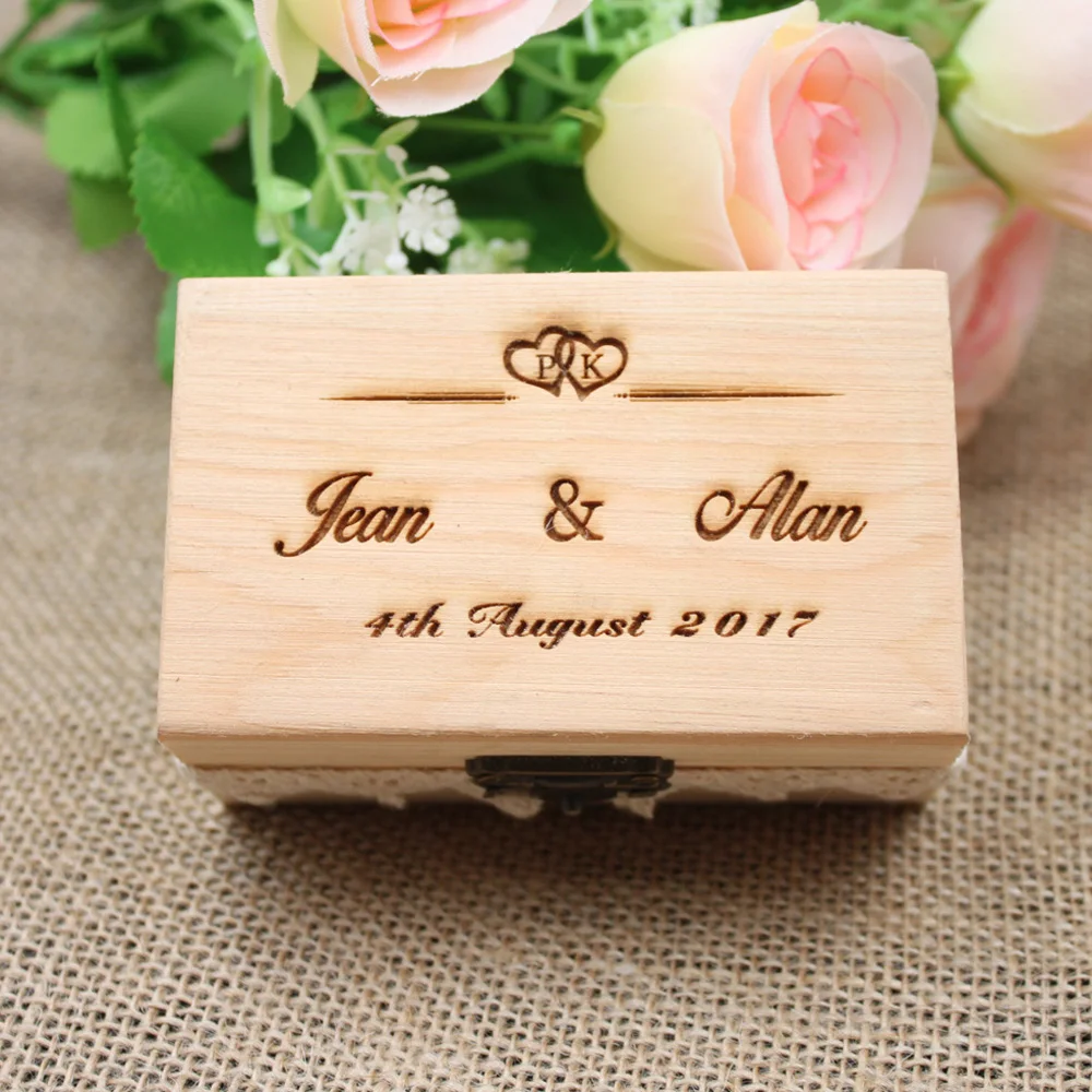 Обычное деревянное первоначальное имя рустикальное свадебное кольцо коробка, на день Валентина, обручальное кружевное деревянное кольцо коробка, Персонализированная Коробка для обручальных колец