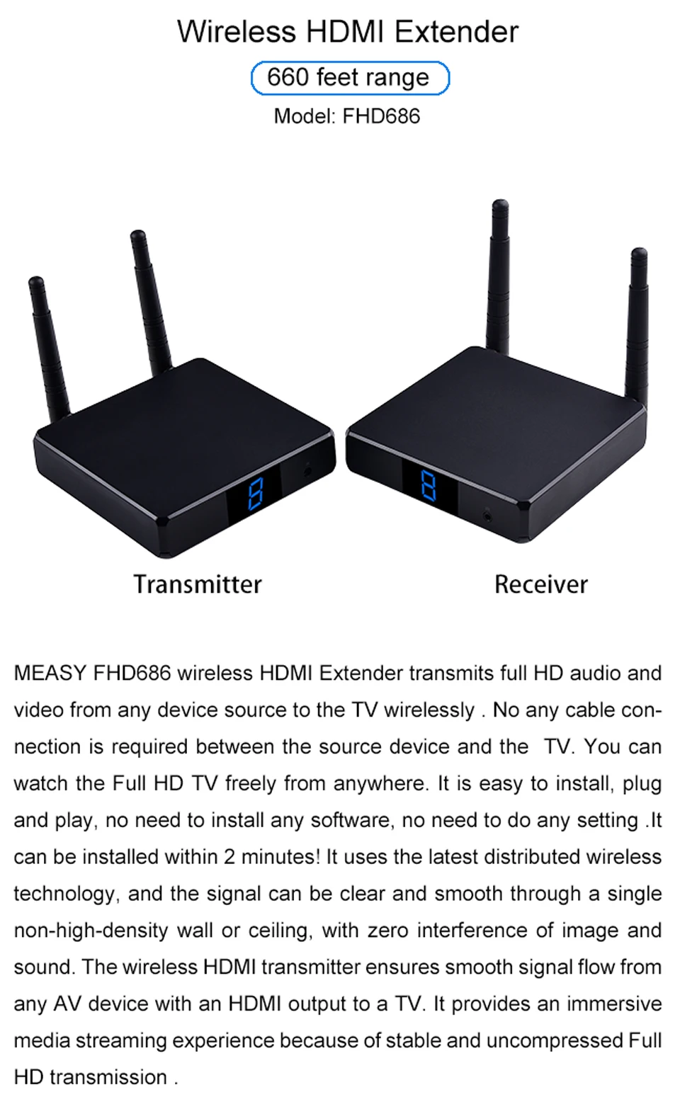 Measy FHD686 5,8 ГГц 200 м/660 футов двойная антенна беспроводной HDMI видео аудио передатчик приемник Удлинитель для ТВ DVD проектор