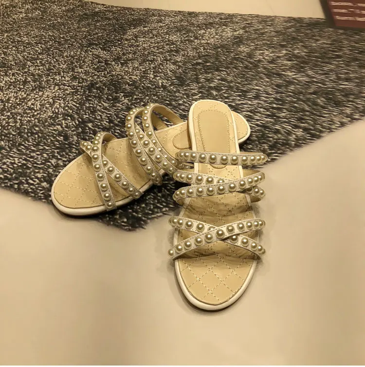 Wohnungen Hausschuhe Pic Sandalen Perlen Neue Außerhalb Gemütliche As Pic Sommer 2018 Rutschen as Schuhe Leder Design Frau Flache Frühling PggU48