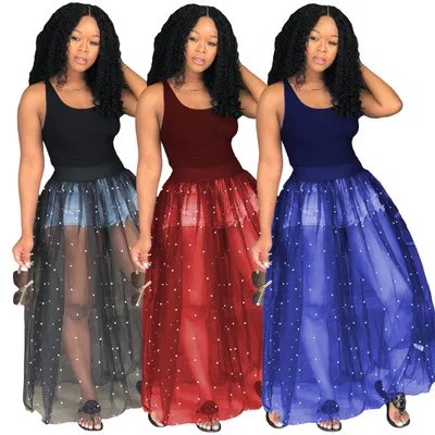 

2018 Women Summer Dress Sexy Mesh Beading Ball Gown Maxi Dresses Sleeveless O-neck Party Vestidos