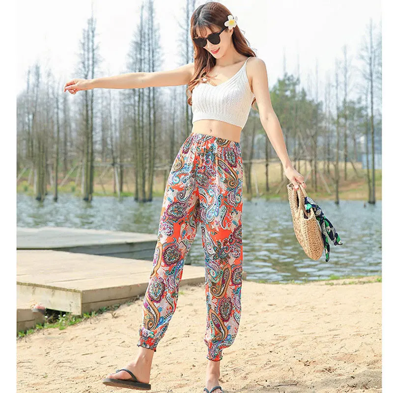 

Casual Print Plus Size Pants Women Vintage Elastic Waist Trousers Summer Beach Ladies Fashion Bohemian Style Pants Multi-pattern