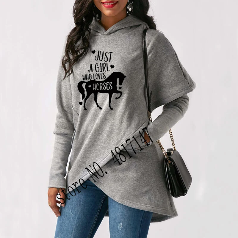 Just a Girl Who Loves Horses Print Hoodies Women Irregular Sweatshirts Femmes Horse Lover Gift Sweet Long Sleeve Autumn Tops - Цвет: gray