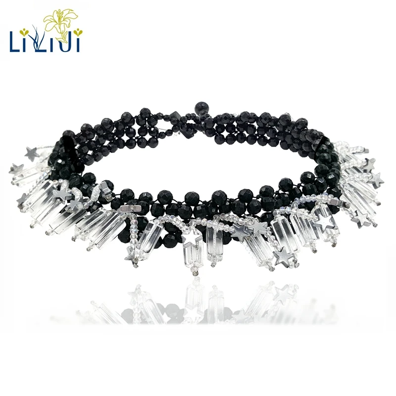 

LiiJi UniqueNatural Stone Black Onyx Agates Quartzs Crystal Hematite Stars Choker Necklace Handmade Knitting For Women Party