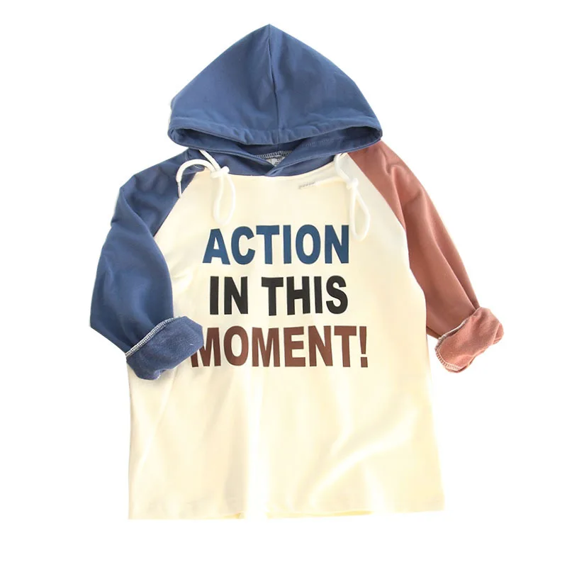 

Children's clothing girls cotton hooded sweater letter printed pullover Long sleeve casual hooded sweater Two-color stitching