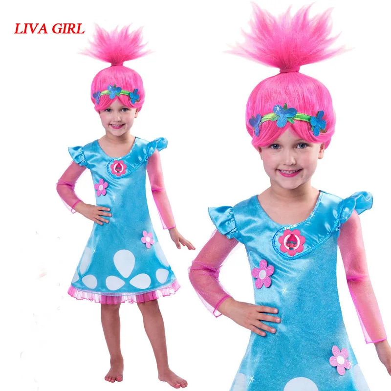 

Girls Dresses Trolls Poppy Cosplay Costume Dress For Girl Poppy Dress Streetwear Halloween Clothes Kids Fancy Dresses Trolls Wig