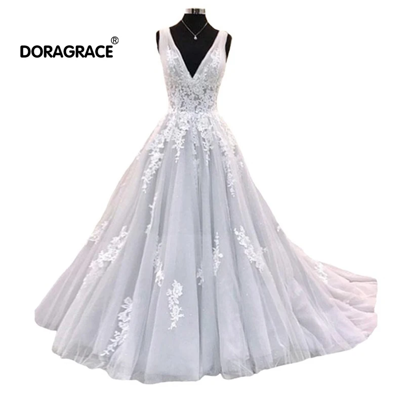 

Real Photo V-Neck A Line Sleeveless Applique Tulle Long Prom Dresses Formal Evening Party Gowns Dresses