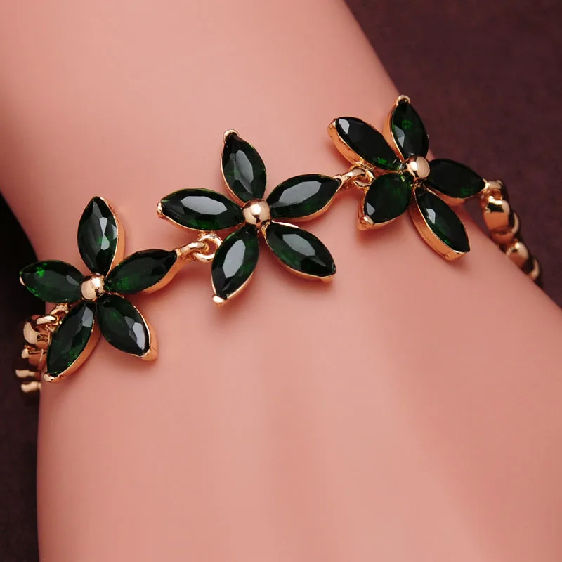 

Charming Chain Bracelets with Dark Green Crystal Gold Color Flower Shape Bangle For Women Female Fashion Wedding Party Jewelry