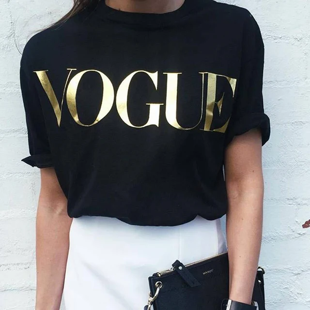 ZSIIBO Summer VOGUE Print Gold Shining Letter T shirt Women Simple