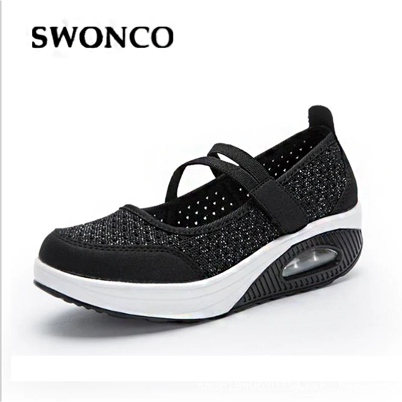 Женские кроссовки на танкетке SWONCO черные повседневные платформе лето 2019 | Обувь