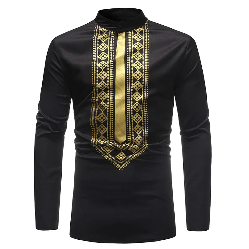 African Men Dashiki Geo Print Shirt Casual Gold Black Pullover High ...