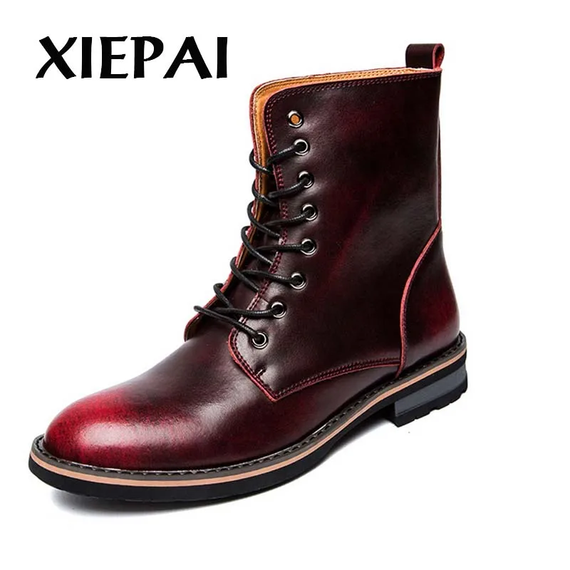

XIEPAI Brand Fashion Men Hot Leather Boots Size 38-44 Lace-up Design Man High Top Shoes Brown Red Grey