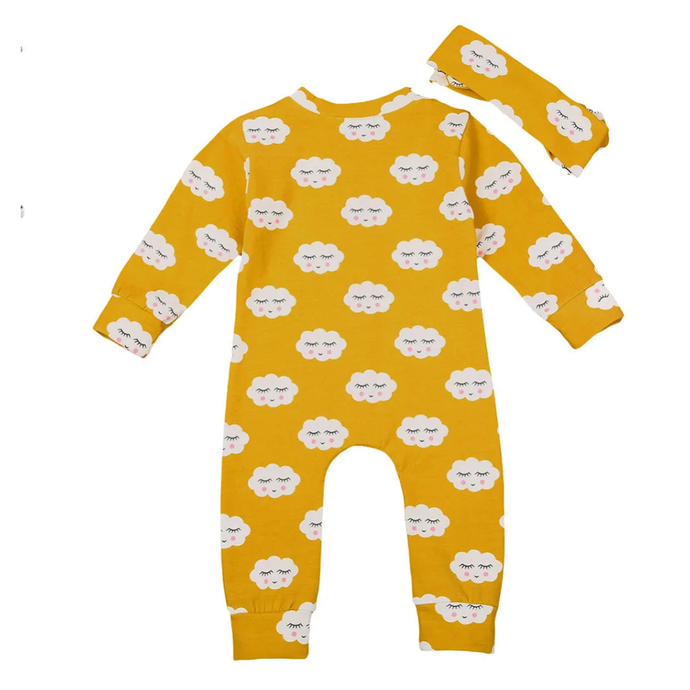 

Mikrdoo 2018 Spring Baby Kids Girls White Cloud Long Sleeve Romper Jumpsuit cotton+ Headband 2pcs Outfit Infant Kids Clothing