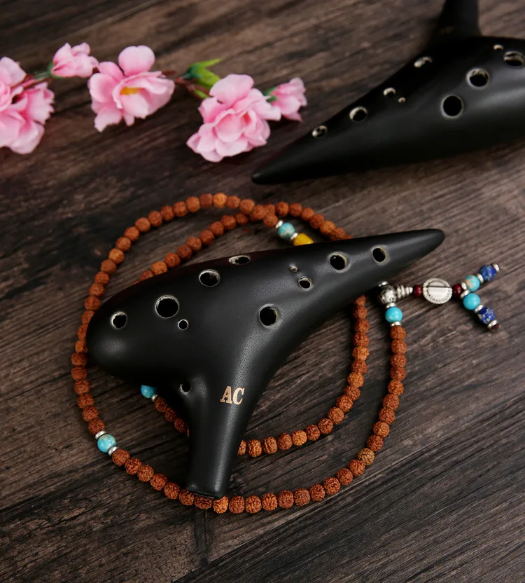 12 Holes Alto C Ocarina Black Pottery Flute Handmade Musical Instrument