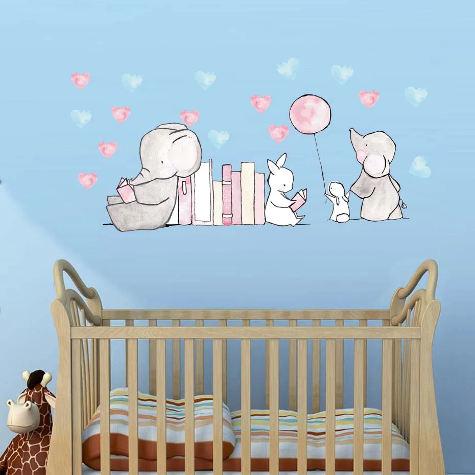 Cartoon Animals Stickers On The Wall Funny Elephant Decals For Kids Baby Bedroom Home Decor Vinyl Removable Rabbits Heart Art (6)