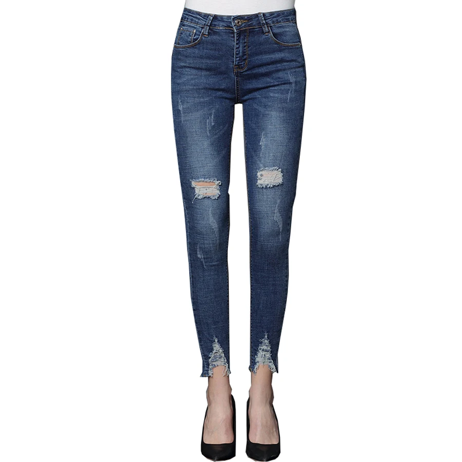 New Womens Hole Ragged Jeans With High Waist Denim Fashionable Pantsin