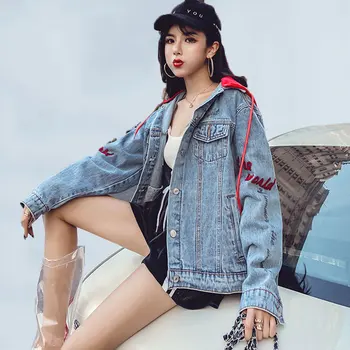 

Autumn Loose Female Jacket High Quality Embroidery Harajuku Hooded Jean Jacket Female Letter Printing BF Denim Jacket For Women