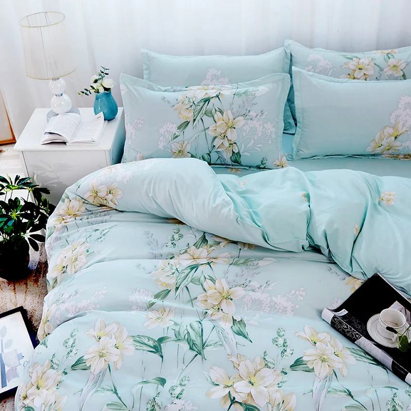 Lovely Fashion Sky Blue Flower Printed Bedding Set Bed Sheets Duvet