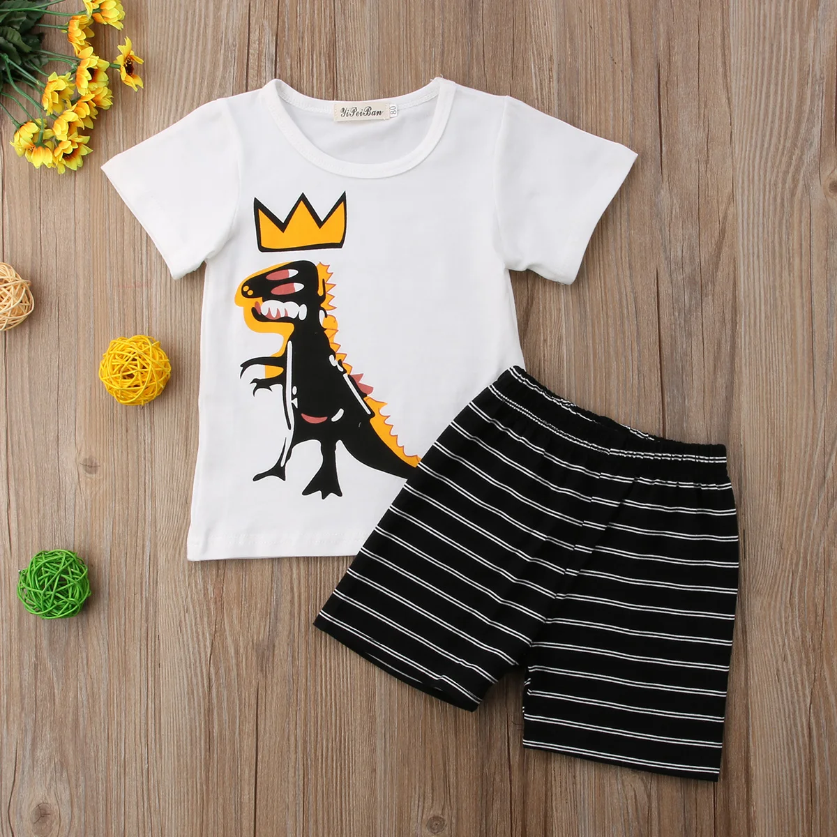 0-4Years,SO-buts Toddler Kids Baby Boys Girls Sumer Fashion Outfits Clothes Print T-Shirt Top+Stripe Shorts Set