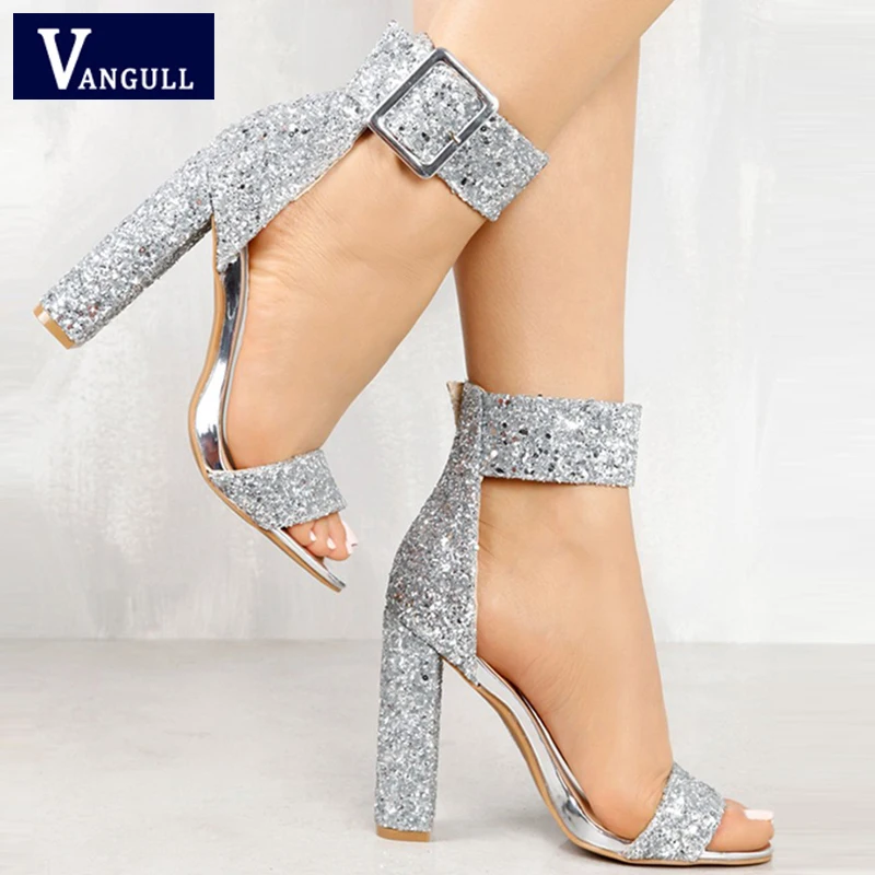 

Summer Fashion Sweet Party Women's shoes Stylish Sequin Open Toe Chunky Heeled Sandals Buckle Strap Bling Basic Women's Sandals