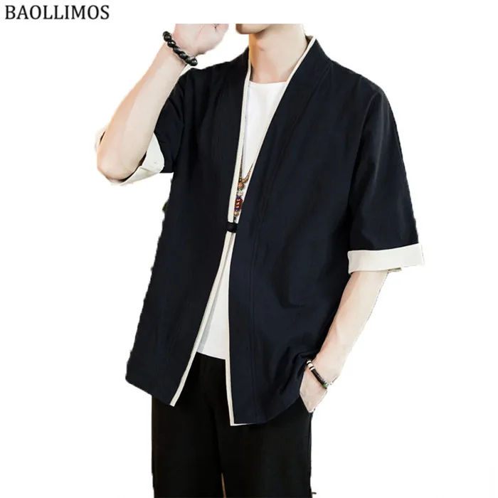 Мужская рубашка в стиле пэчворк, уличный с короткими рукавами, лето 2019, Harajuku, винтажные кимоно, рубашки, черная Мода, открытая строчка