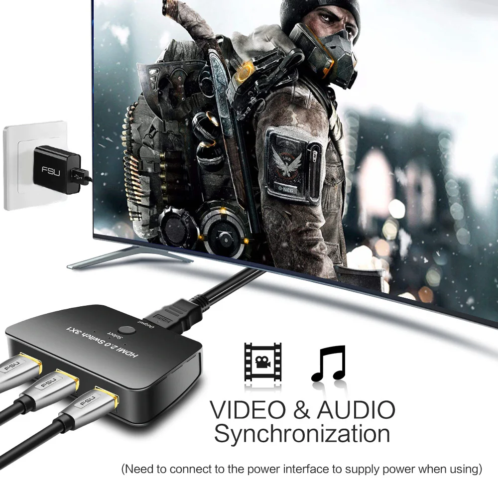 FSU 3 порта HDMI переключатель 4K x 2K/60 Гц в 1 выход с кабелем питания поддерживает 1080P и