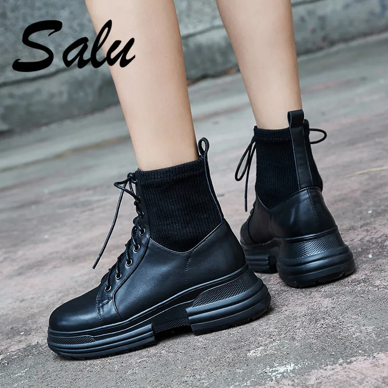

Salu New Women Ankle Boots Autumn Winter Warm High Heels Shoes Woman Genuine Leather Casual Quality Brand Stretch Boots
