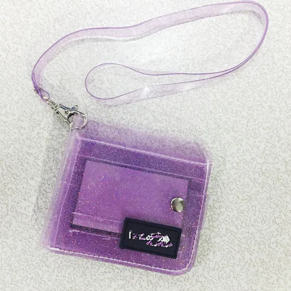 Блестящий прозрачный держатель для карт, бумажники из ПВХ, складной короткий кошелек на шнурке, Модный женский блестящий чехол для визиток, кошелек - Цвет: Фиолетовый