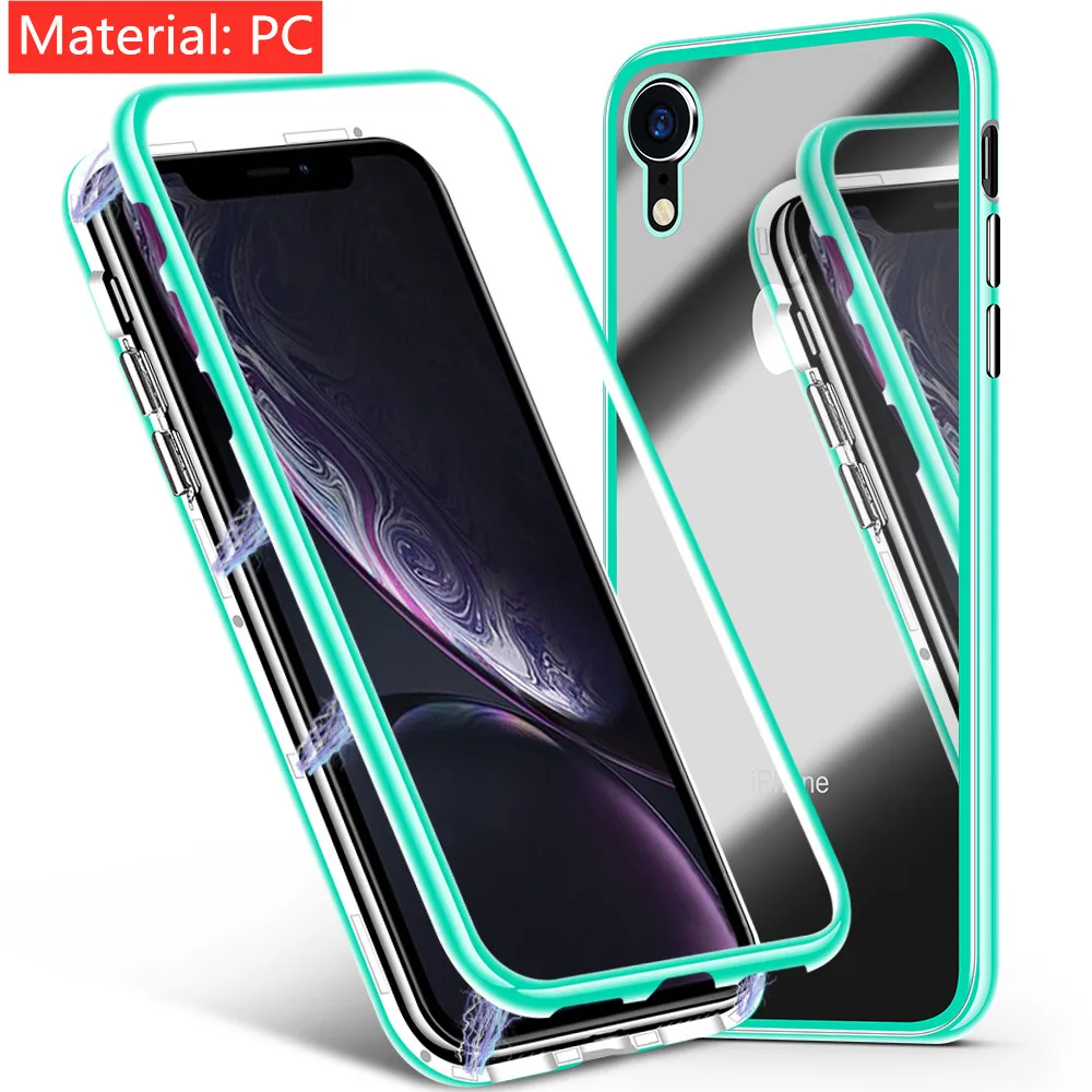 Для iPhone X XR XS Max 8 чехол с магнитной адсорбцией флип закаленное стекло Жесткий ПК чехол фантастическое прозрачное покрытие PC& Metal - Цвет: PC - Mint Green