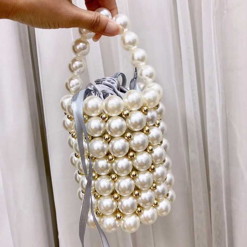 Pearl Beaded Box Tote Bag Ms. Party Elegant Handbag Summer Luxury Brand White Beaded Handmade Dinner Bag Free Shipping