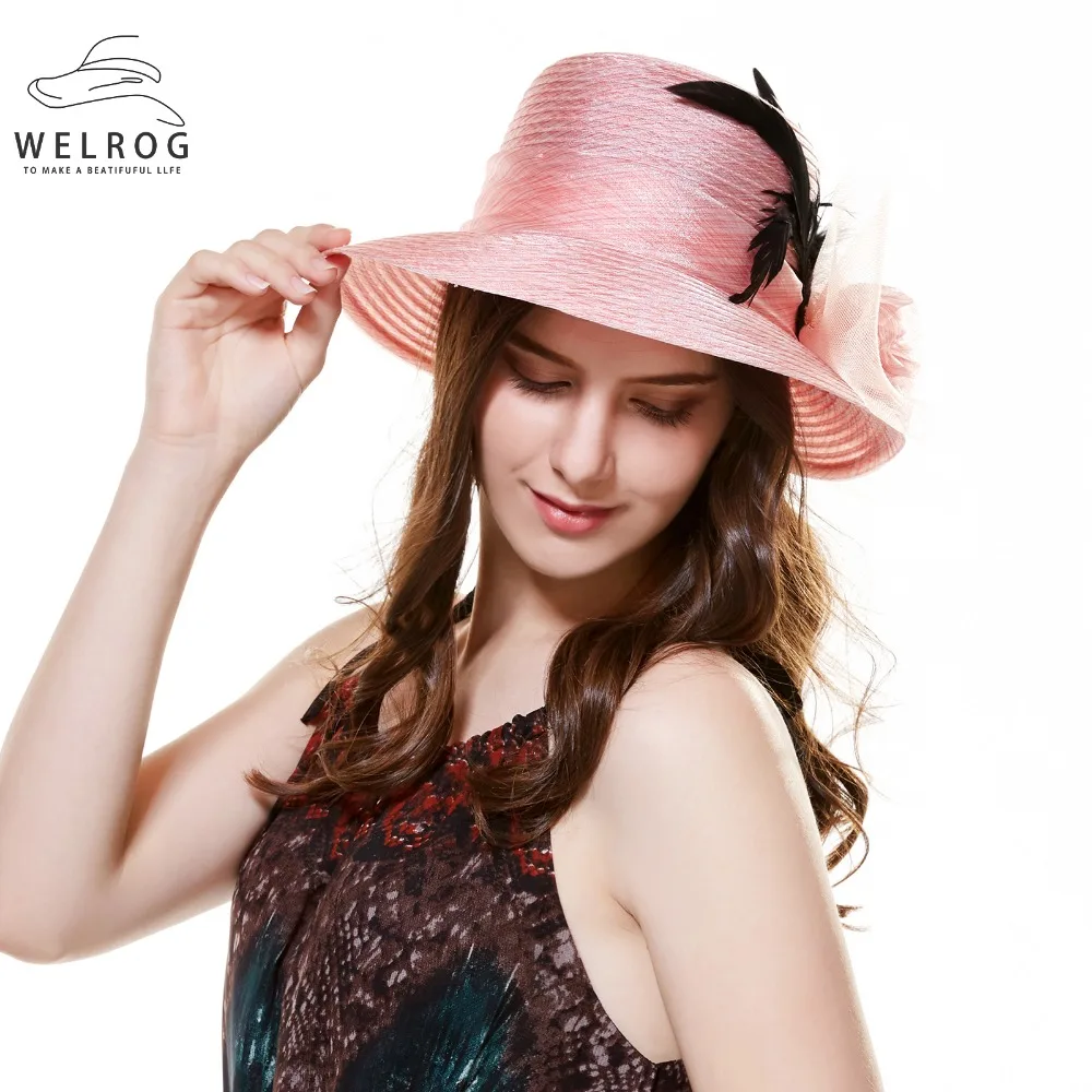 WELROG Charm Feather Net Yarn Bucket Hat Vintage Women Girls Felt