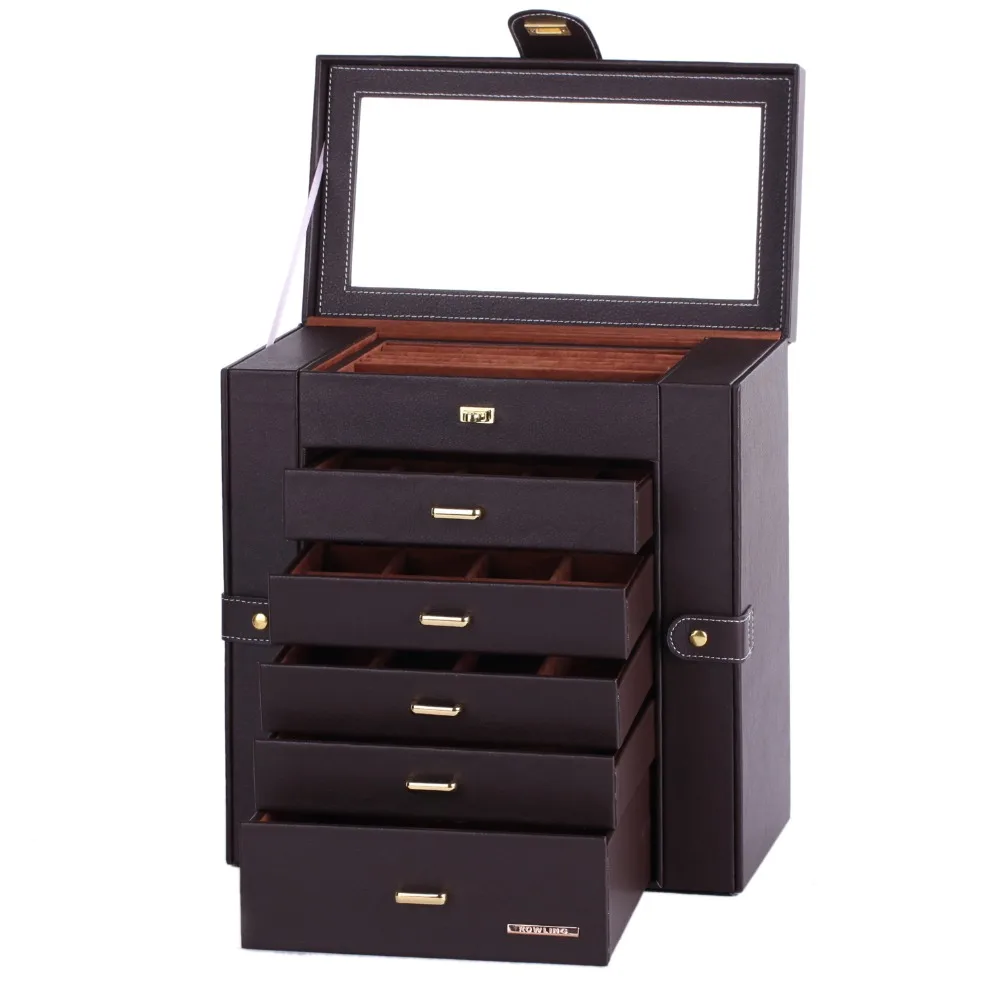 Extra Large Brown Jewelry Box Vintage Jewellery Pendant Case PU Rings Organizer Earrings Display