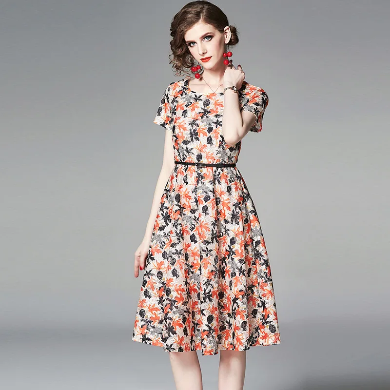 

Summer 2019 O-Neck Short Sleeve Maple Leaf Print Pleated Lace Dress Fashion Casual Sexy Elegant Plus Size Dress Women