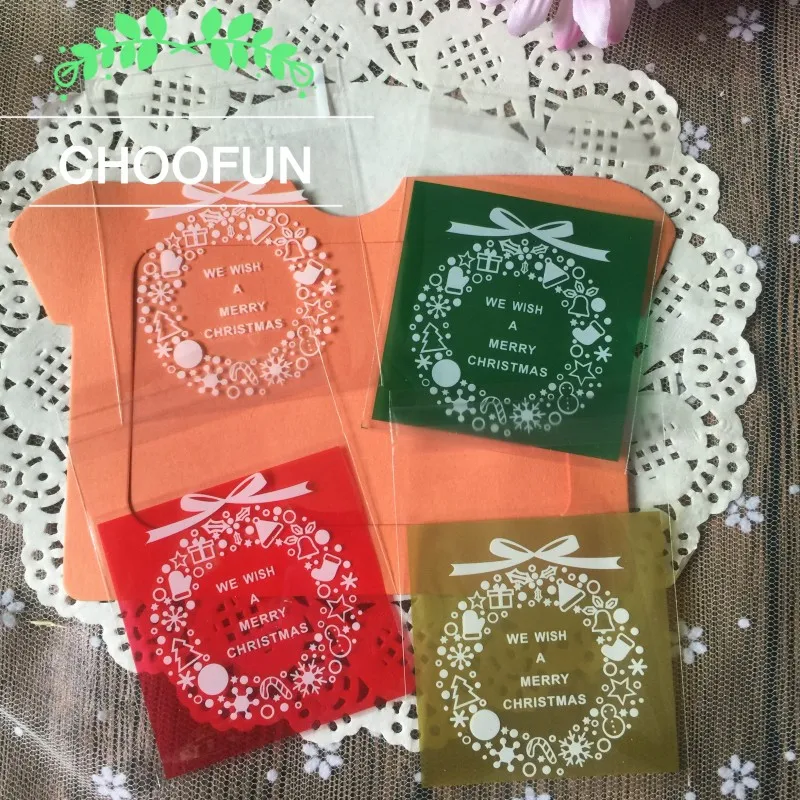 

100pcs Merry Christmas Wreath Style Self-adhesive Pastry Cookie Baking Plastic Bag OPP Christmas Gift Candy Packaging Bags BZ203
