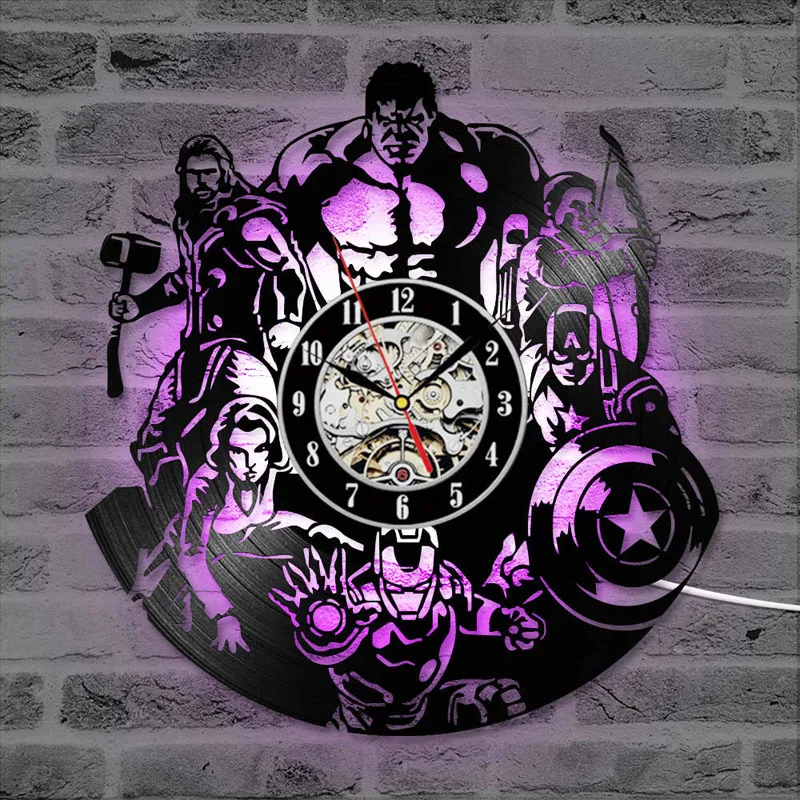 

Avengers Vinyl Record Wall Clock with 7 Colors Change Marvel Comics LED Wall Clock Iron Man&Captain America&Thor Hanging Clocks