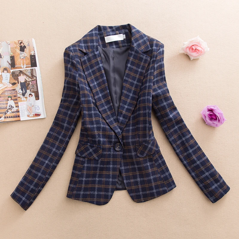 

spring autumn new slim casual suit Plaid retro temperament women jacket plus size blazer women coat large size