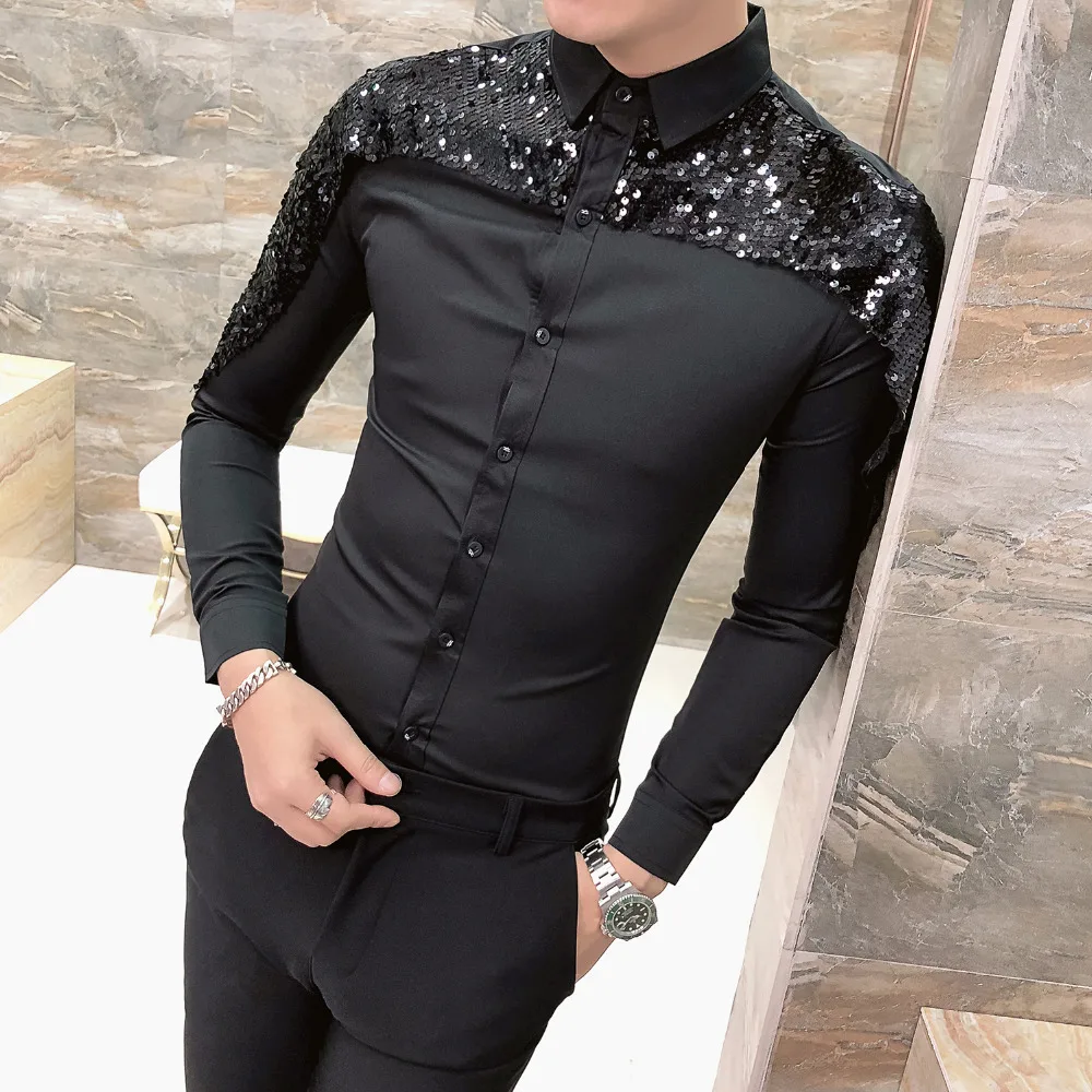 

Brand New Men Shirt dress Long Sleeve 2019 Spring Mens Shirts Casual Slim Fit Sequin Patchwork camisa social masculina 3XL-M Hot