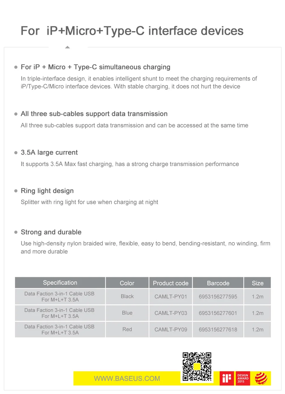 Usb-кабель Baseus 3 в 1 для iPhone, зарядный кабель для передачи данных, кабель USB type-C, кабель Micro usb для samsung Xiaomi, провод