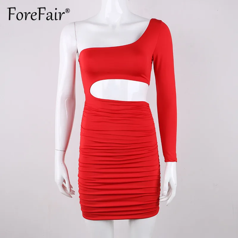 Forefair Long Sleeve One Shoulder Bodycon Dress Nightclub Autumn Winter Women Slim Backless Mini Sexy Party Dress