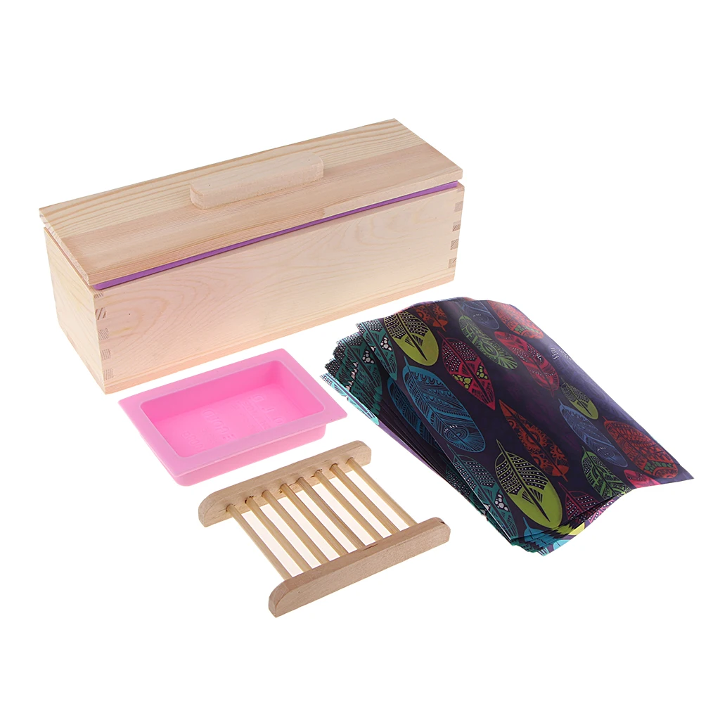 Soap Making Tool Sets –Double Hole Loaf Mold With Wooden Box, Bamboo Soap Holder, Oil Paper, Pink Soap Mold