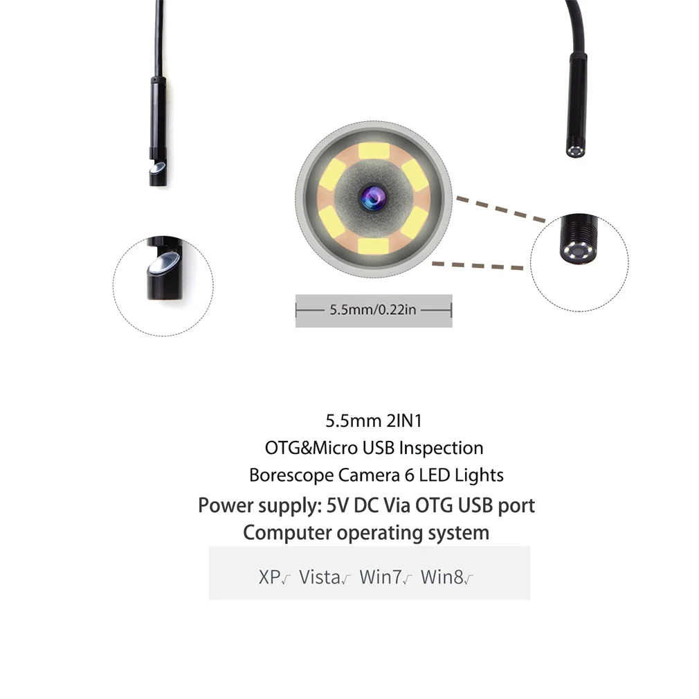 5,5 мм 2 в 1 OTG и Micro USB Инспекционная камера бороскоп 6 светодиодный фонарь Регулируемая яркость 2 м 5 м встроенная кнопка камеры 640*480