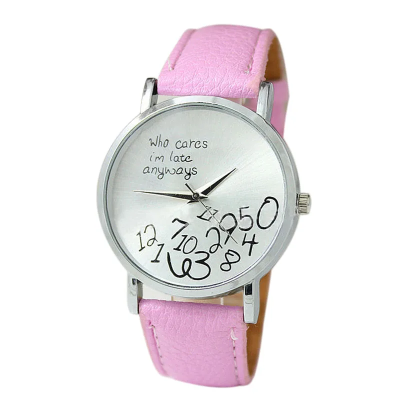 

Women PU Leather Clock Alloy Watch Who Cares I am Late Anyway Letter Watches Cute Women Men Female Girls Watch Montre Femme