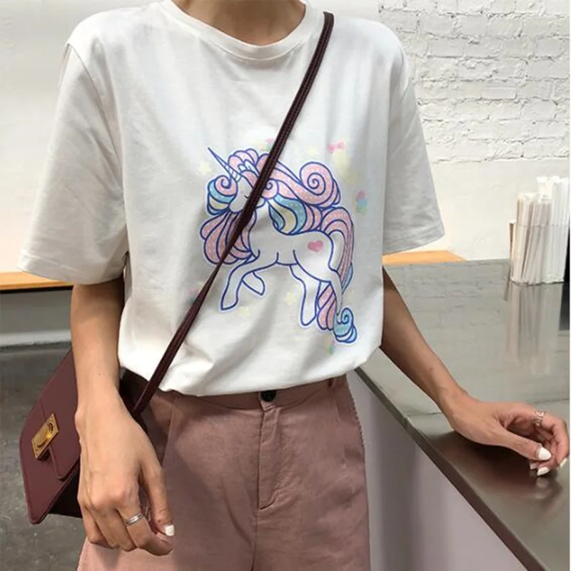 Dreamlikelin Harajuku Kawaii одежда летняя корейская модная весенняя футболка Милая футболка для девочек с рисунком единорога Луны звезд