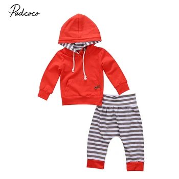

High Quality Baby Boy Girl Clothes Set 2pcs Newborn Kids Long Sleeve Orange Hooded T-shirt Sweatshirt Long Striped Pants Outfit